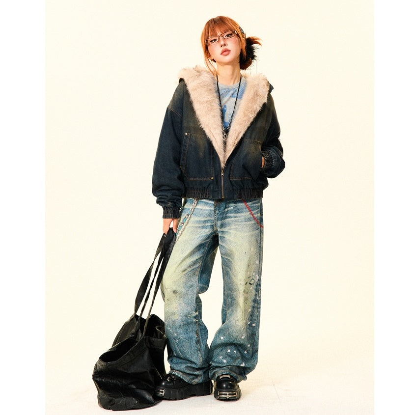 Fluffy Fur Denim Hooded Jacket MW9703