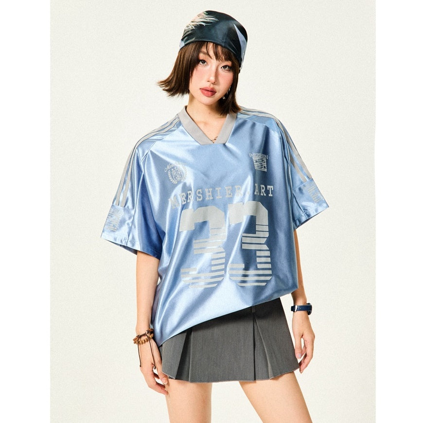 Loose V-Neck Sports Style Shiny T-Shirt YS7003