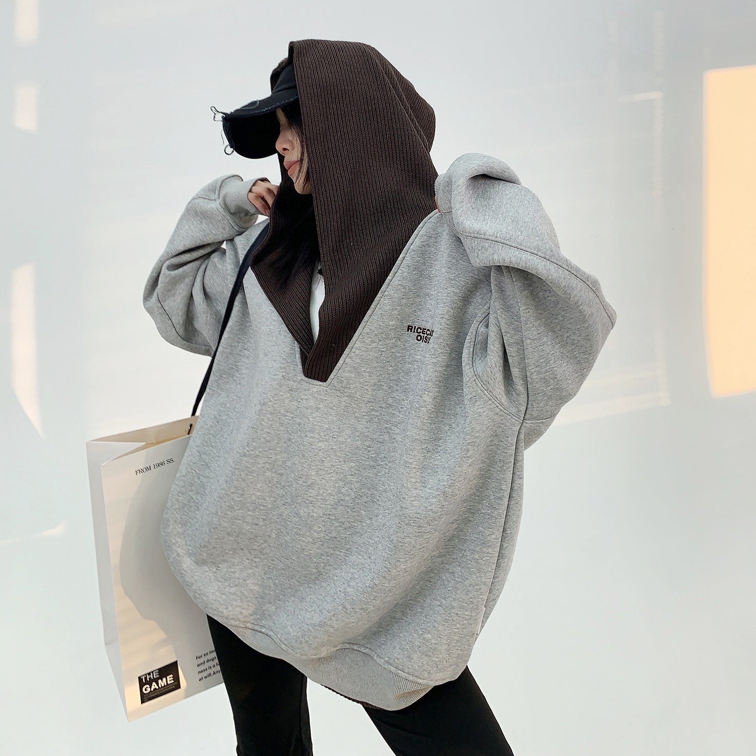 Knit Hooded Stitching Sweat Pullover MW9842