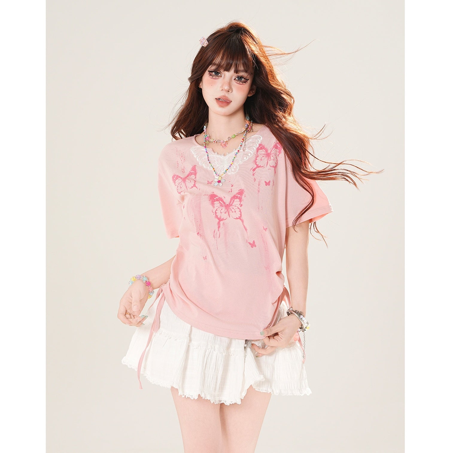 Butterfly Lace Side Gather T-shirt KK2047