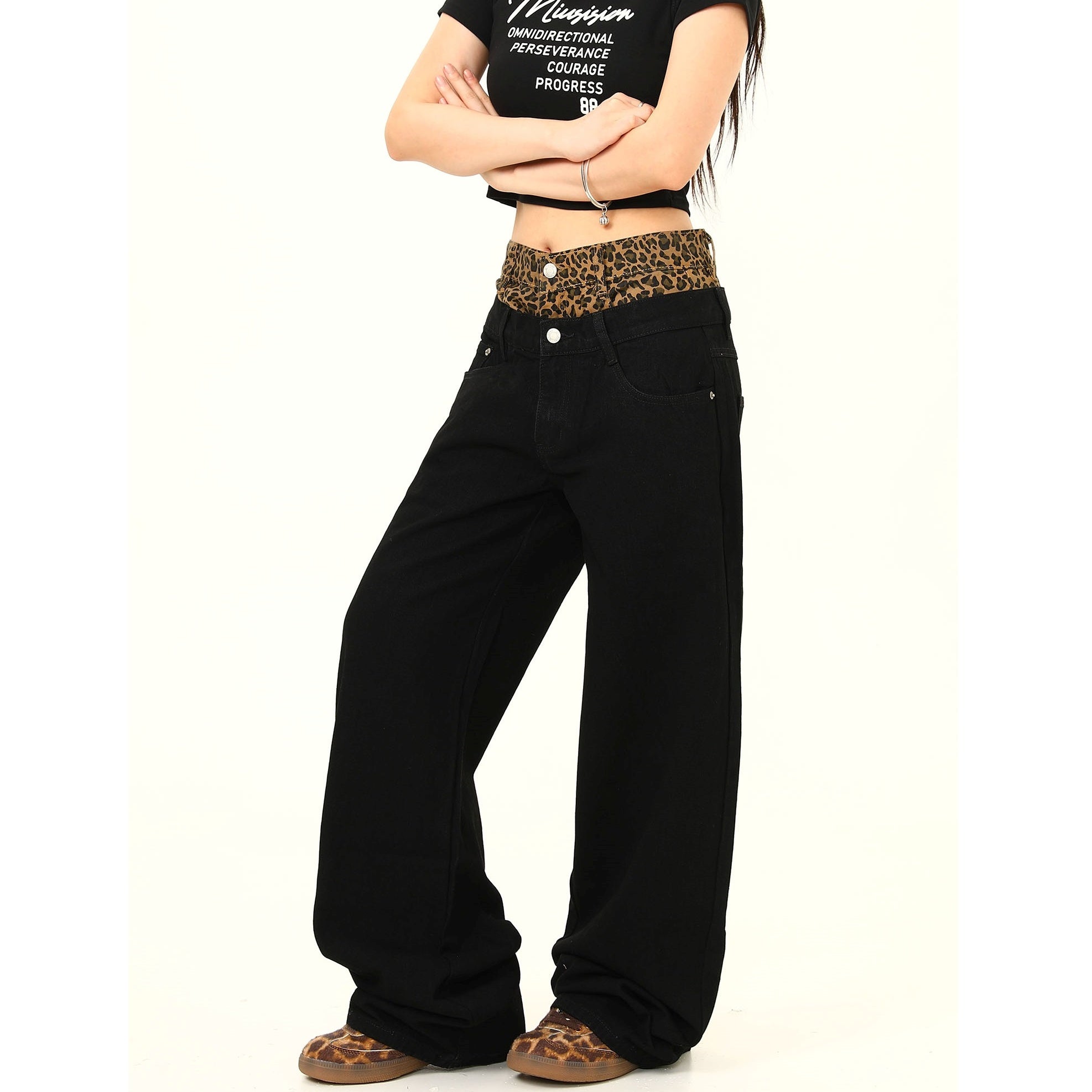 Double Waist Leopard Panel Wide-Leg Jeans MW9278