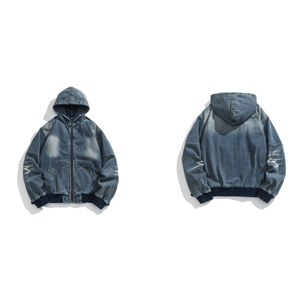 ZIP-Up Hooded Wash Denim Jacket MW9414