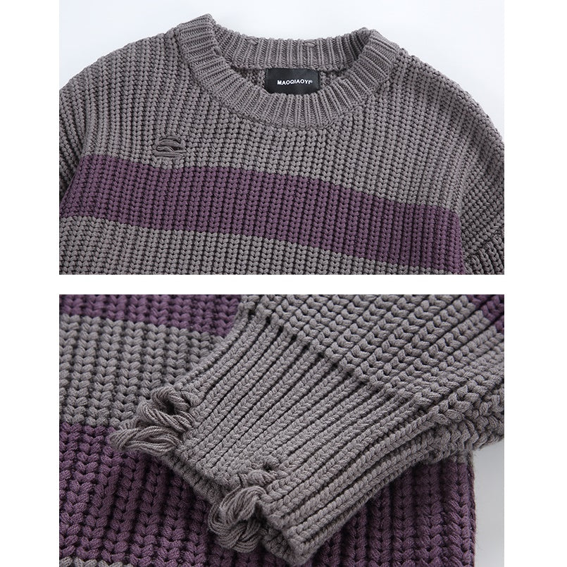 Thick Stripe Crew Neck Ripped Sweater MW9609