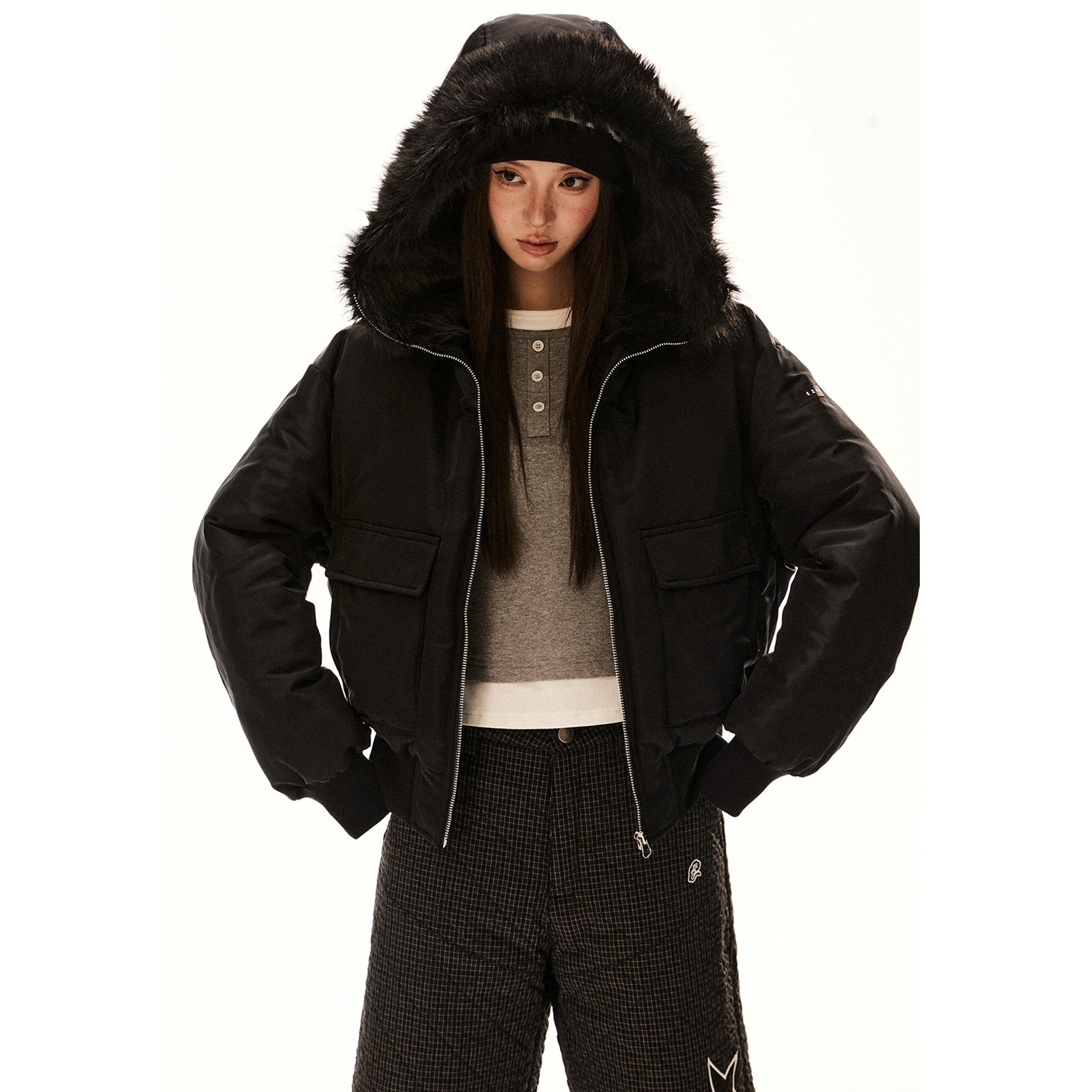 Fur Collar Hooded Cropped Down Jacket EZ206