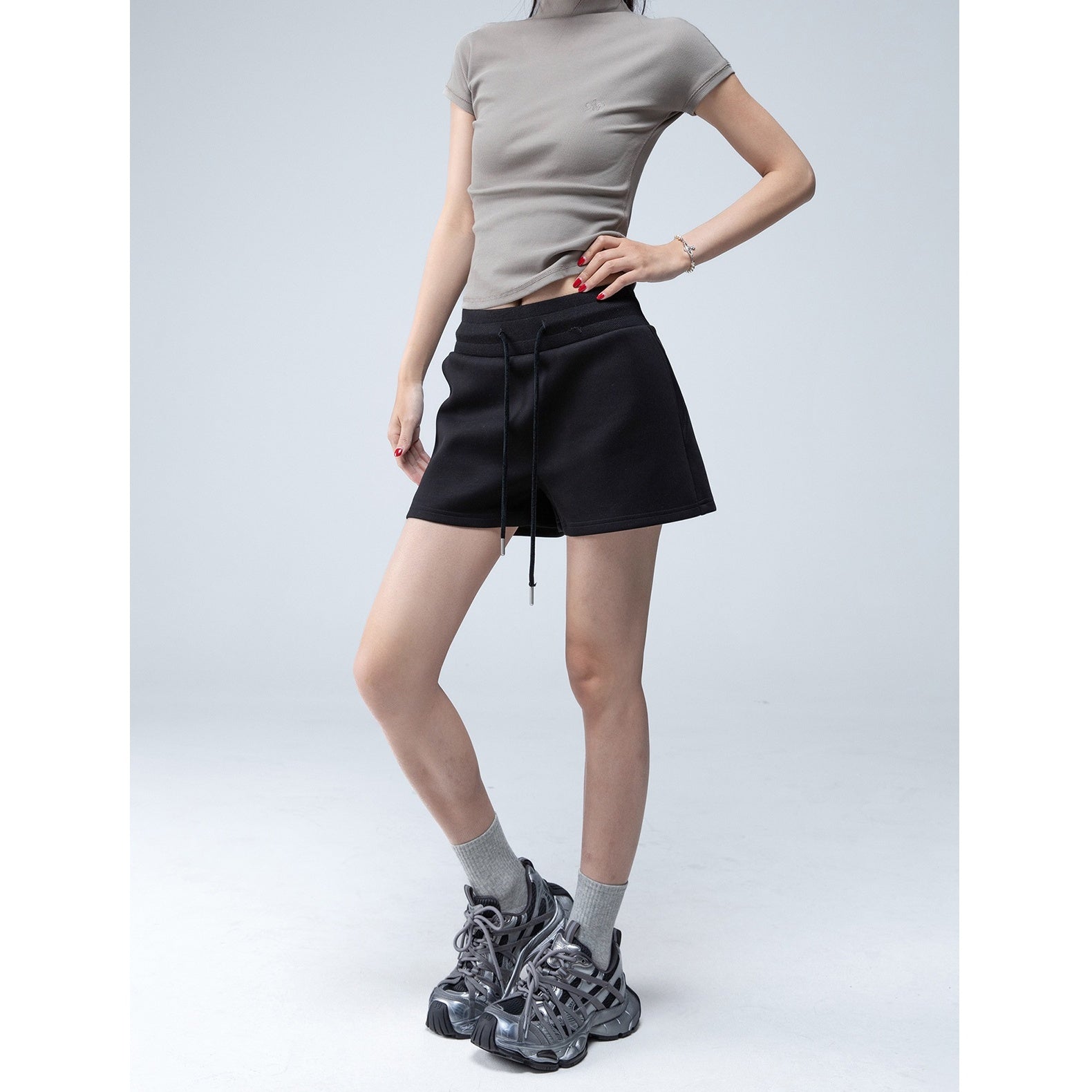 Drawstring High Waist Sweat Short Pants IC9037