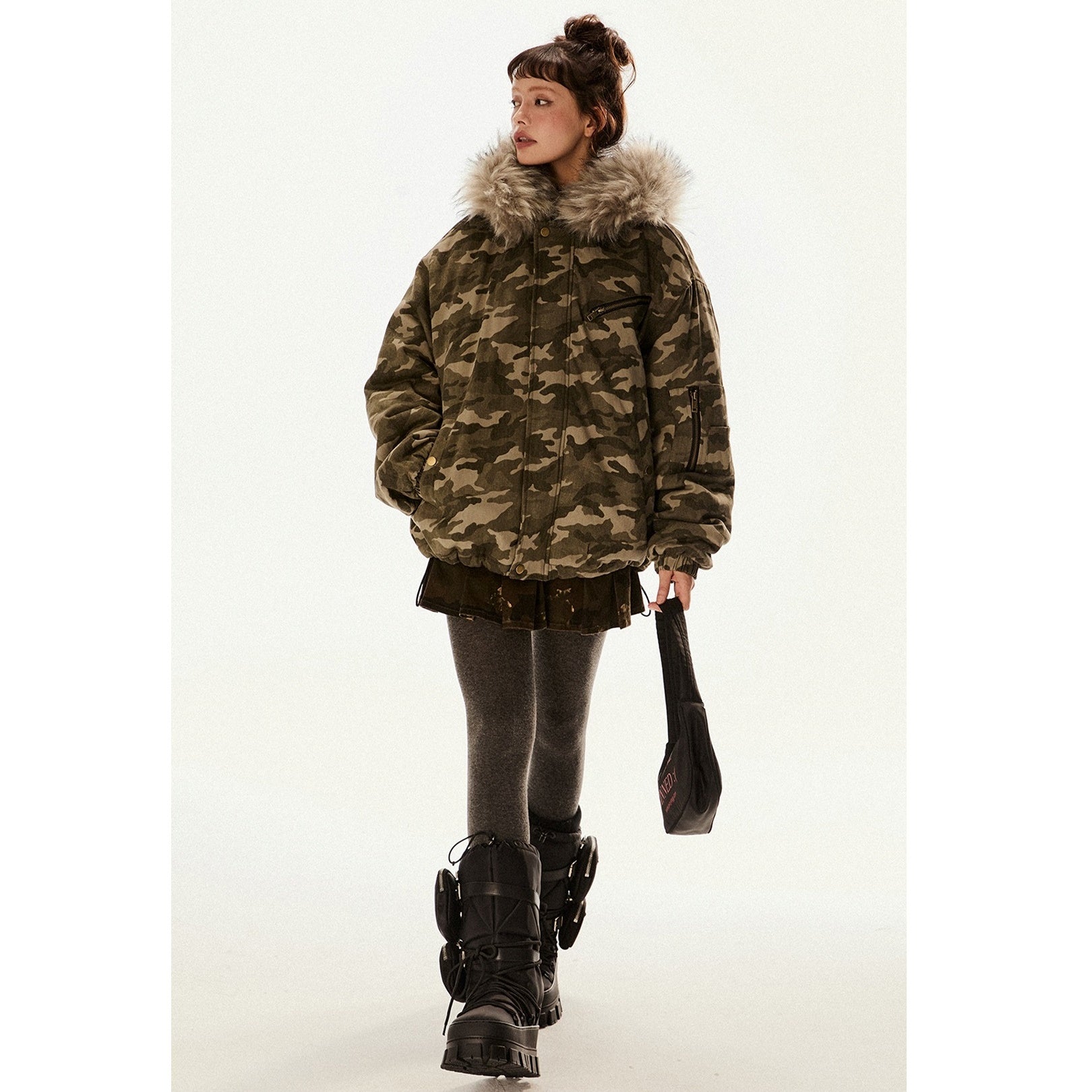 Military Style Camouflage Fur Collar Hooded Jacket EZ205