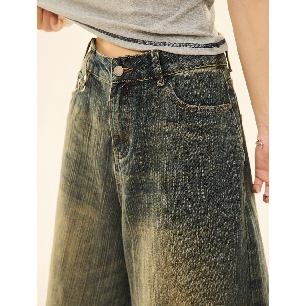 Vintage Wash Distressed Denim Wide-leg Cropped Pants MW9267