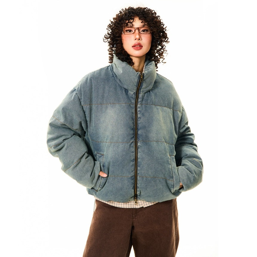 Retro Denim Color Stand Collar Down Jacket MW9724