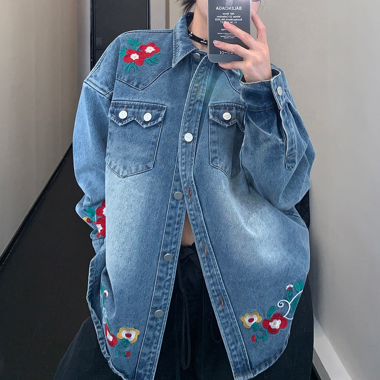 Flower Embroidered Denim Shirt Jacket MW9850