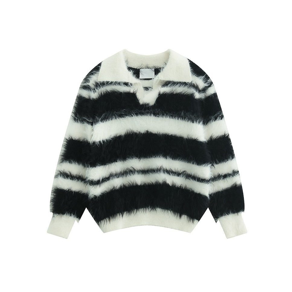 Monotone Border Lapel Shaggy Sweater AC7083