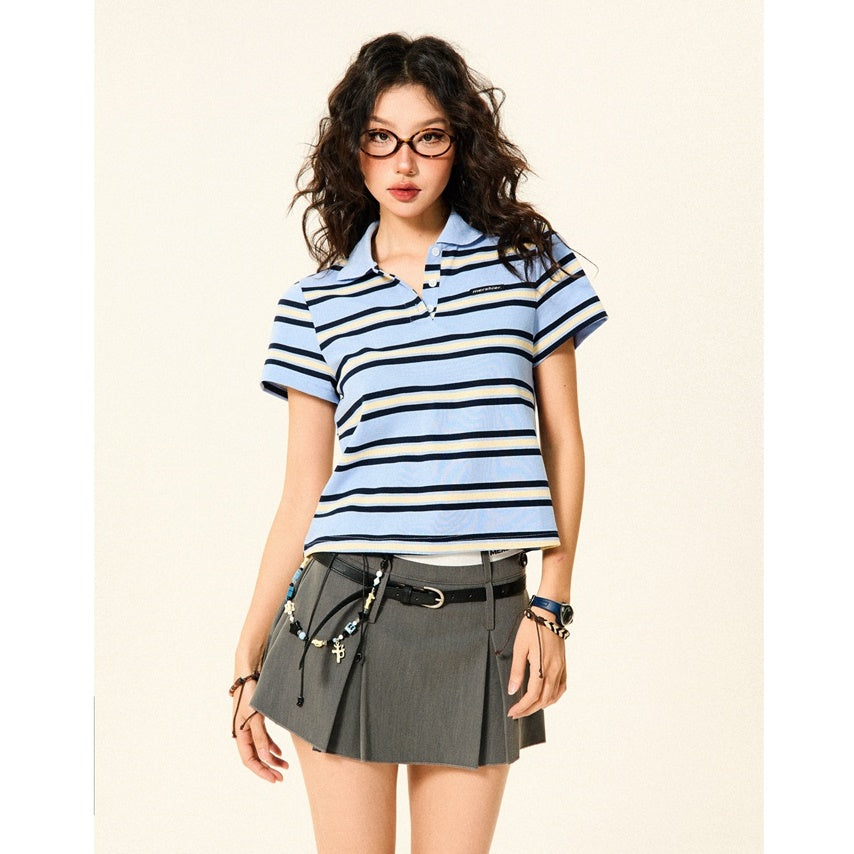 Retro Border Polo Neck Slim Cropped T-shirt YS7008