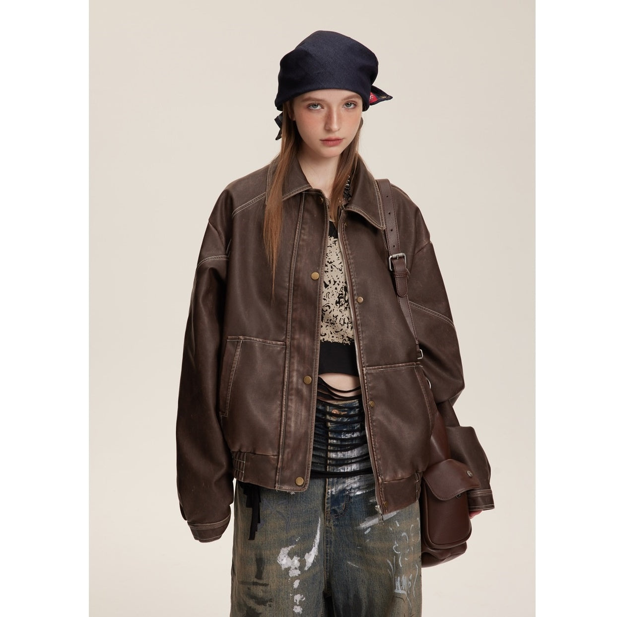 Loose Motorcycle Stitch PU Leather Jacket MW9579