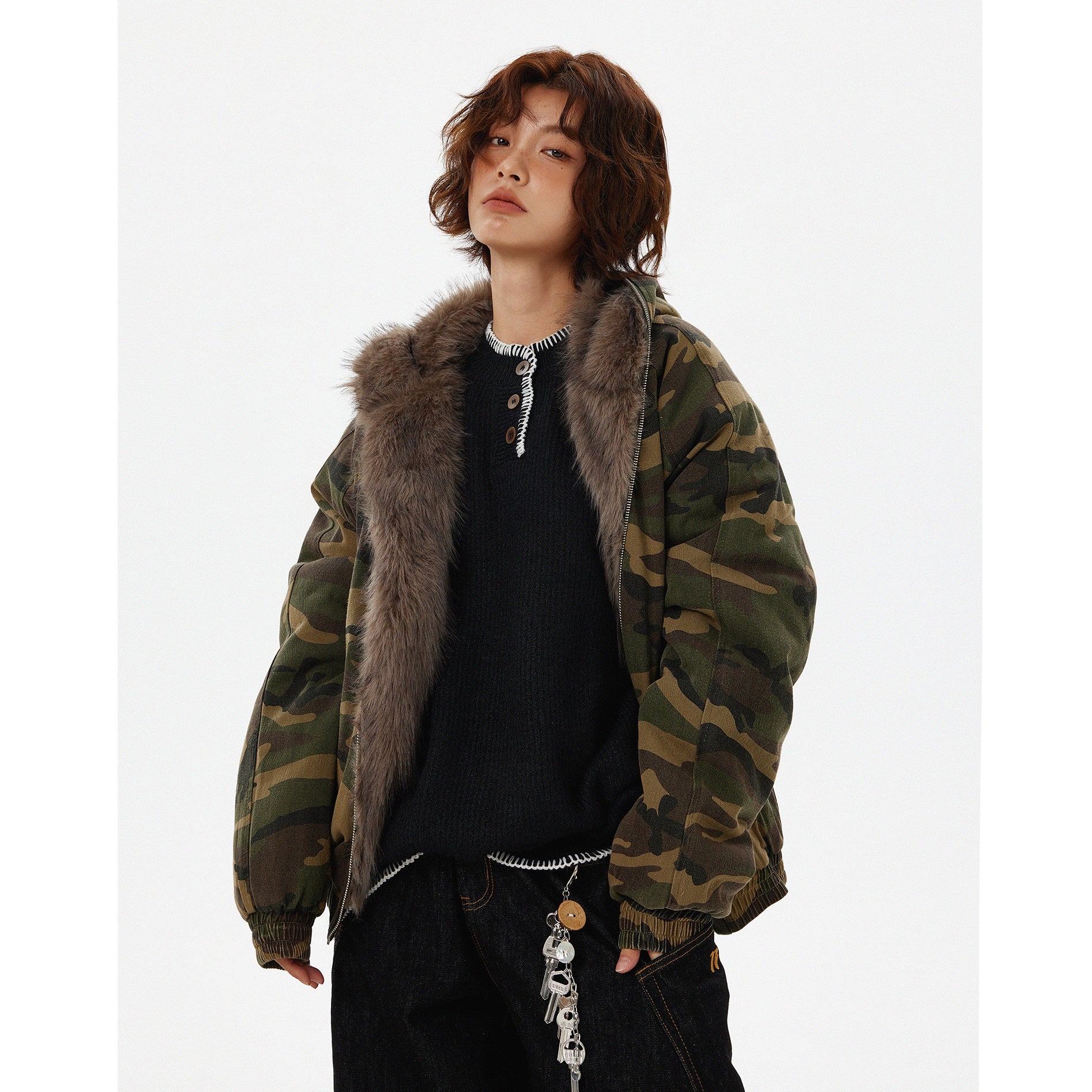 Fur Collar Camouflage Padded Hooded Jacket MW9720