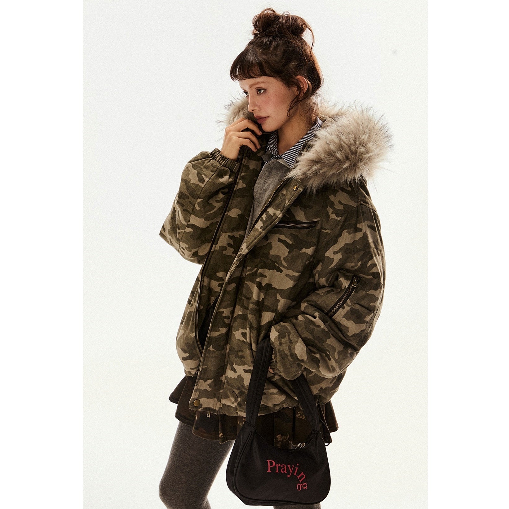 Military Style Camouflage Fur Collar Hooded Jacket EZ205