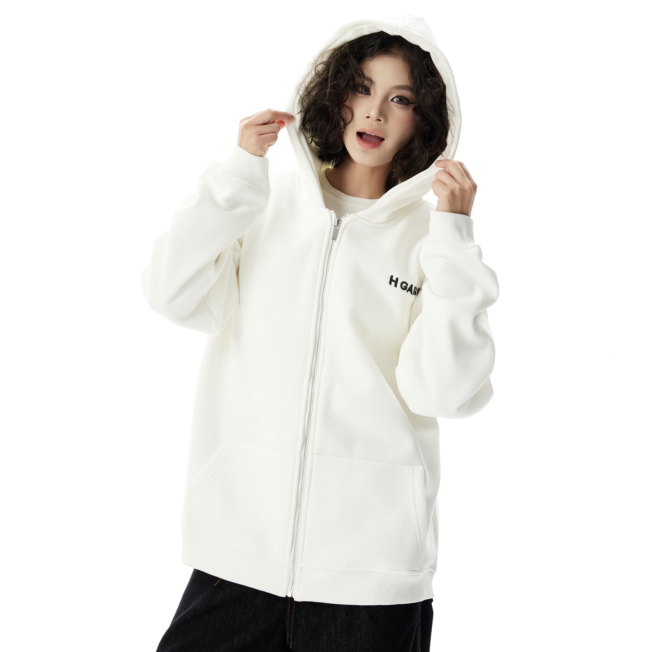 Simple Embroidered ZIP-Up Hooded Parka HG7181