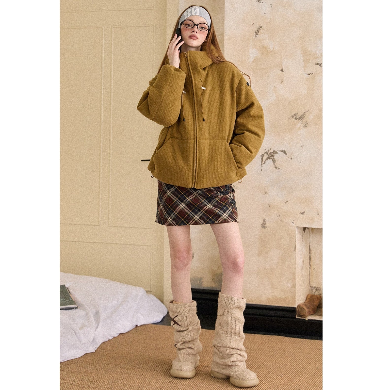 High Neck Hooded Short Drawstring Down Jacket EZ183