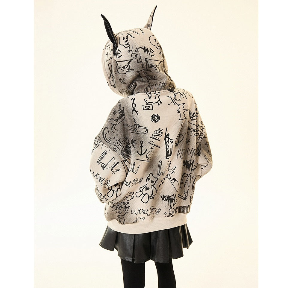 Doberman Ear Hooded Graphic Print Zip-Up Parka MW9701