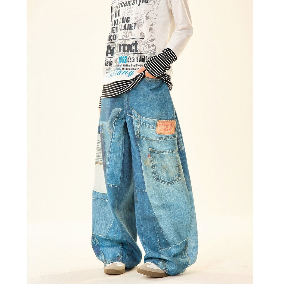 Patch Stitched Print Loose Straight Jeans MW9529