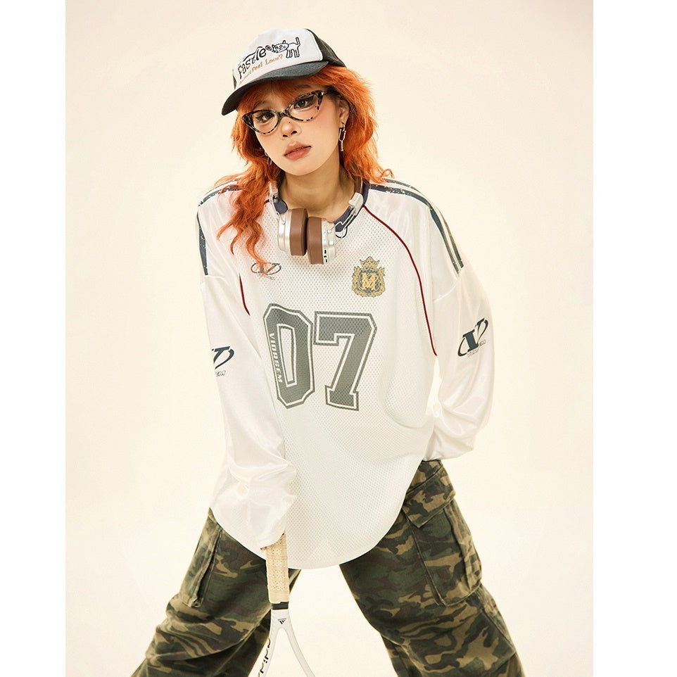 Letter Print Mesh Switching Long Sleeve T-shirt MW9345