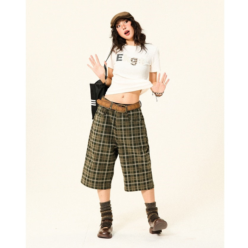 Retro Plaid Straight Leg Loose Cropped Pants YS7011