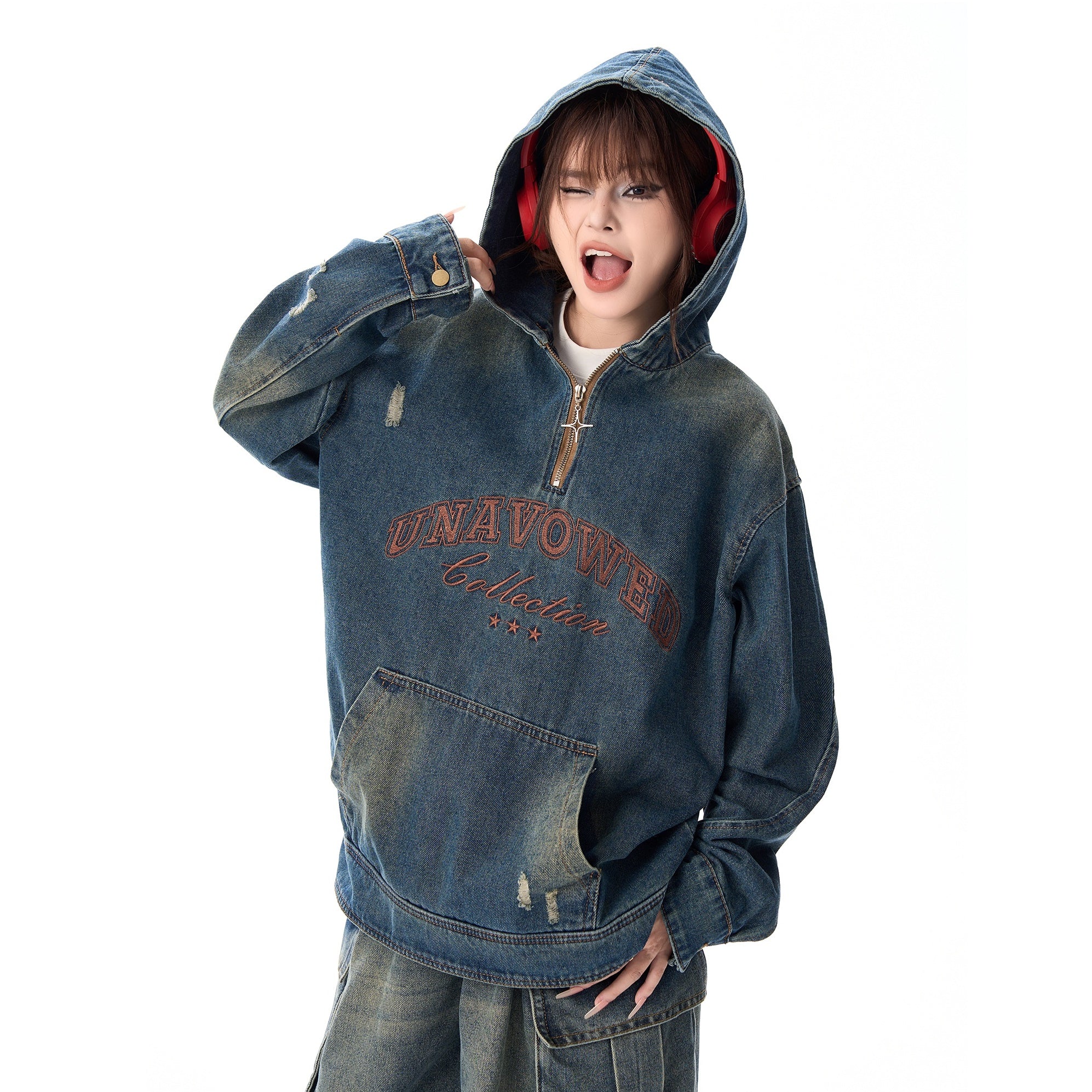 Vintage Embroidery Loose Half-ZIP Denim Hoodie MW9373