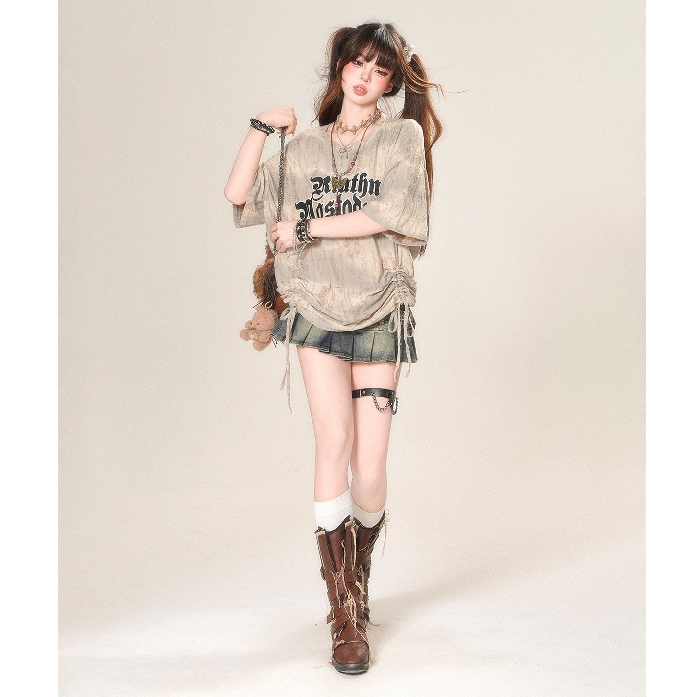 Drawstring Loose Ripped T-Shirt KK2048