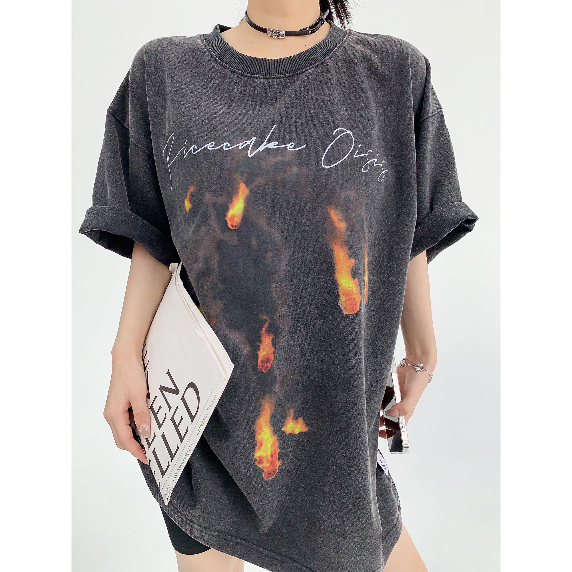 Distressed Flame Print  Oversize T-shirt MW9070