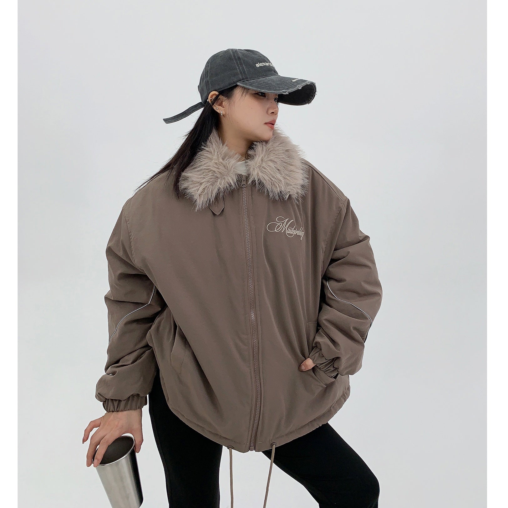 Embroidery Fur Collar ZIP-Up Padded Jacket MW9786