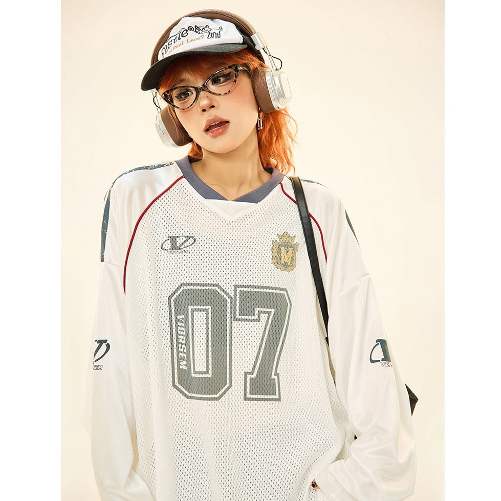 Letter Print Mesh Switching Long Sleeve T-shirt MW9345