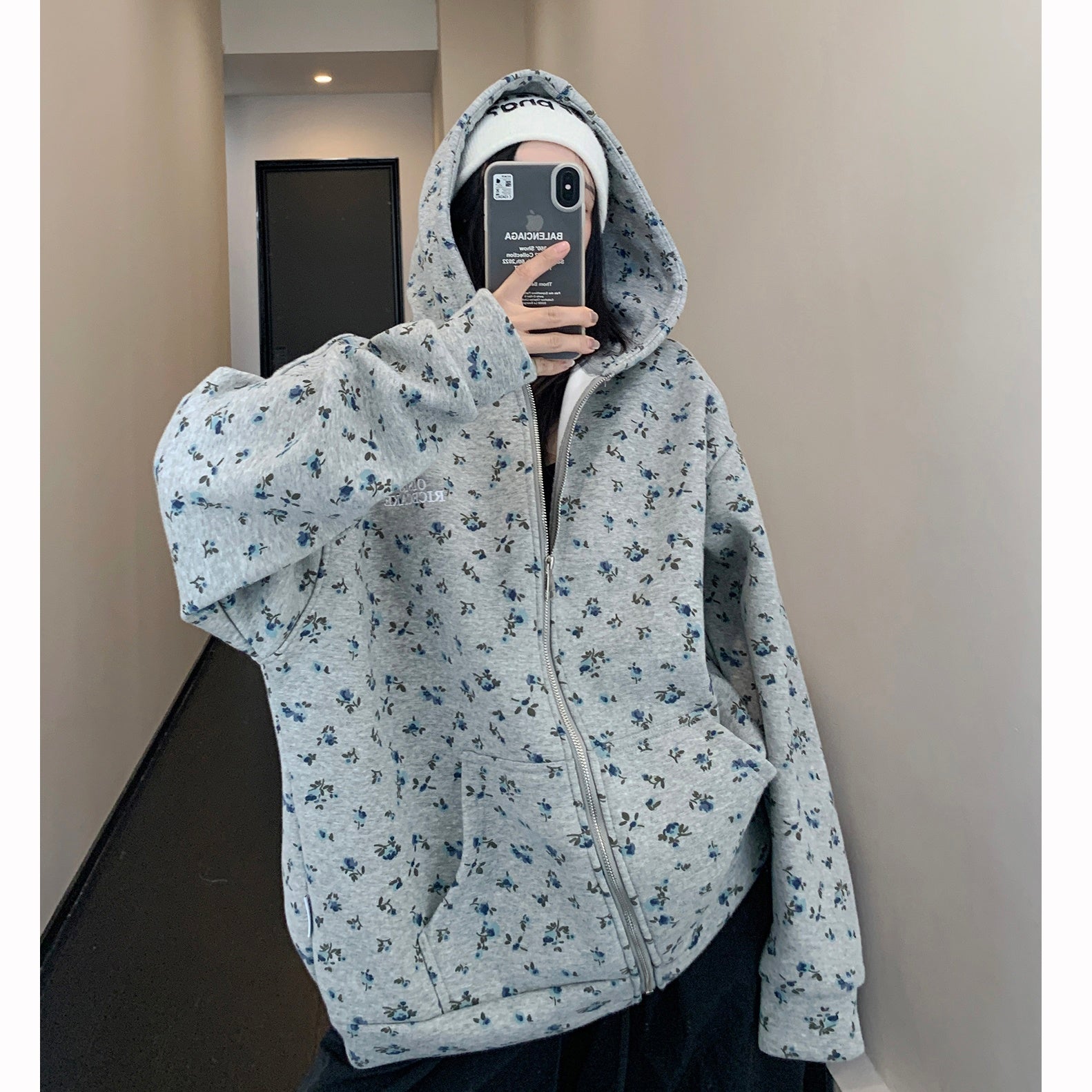 Small Flower Print Zip Hooded Sweat MW9507