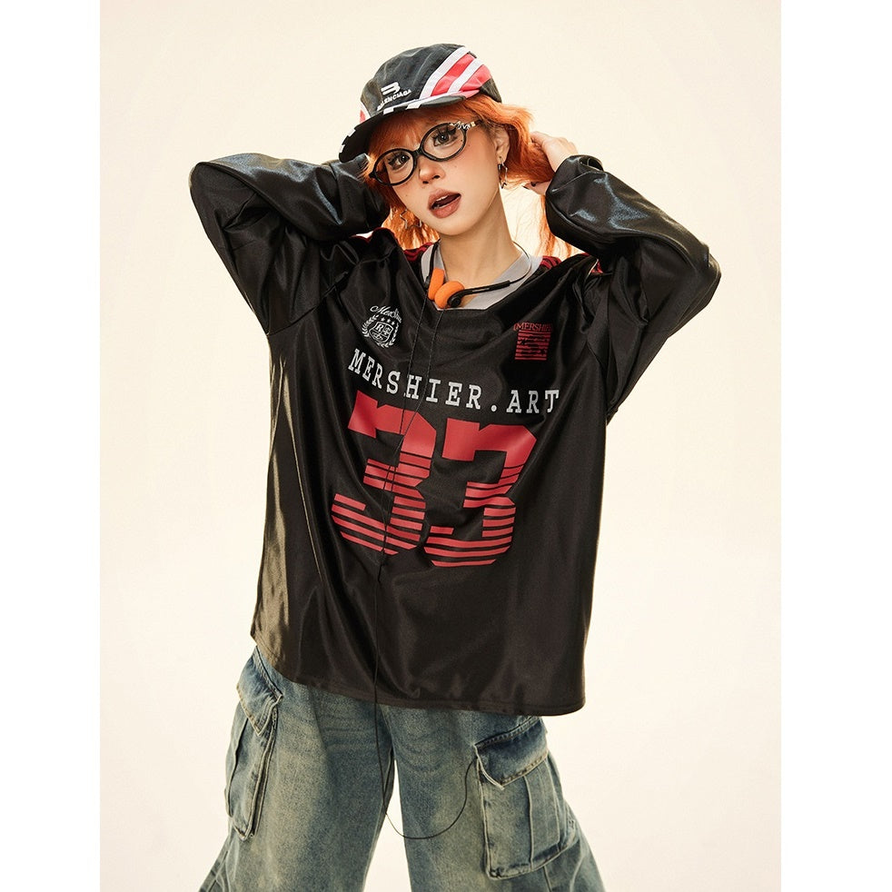 V-neck Sports Style Jersey Long-sleeved T-shirt MW9285