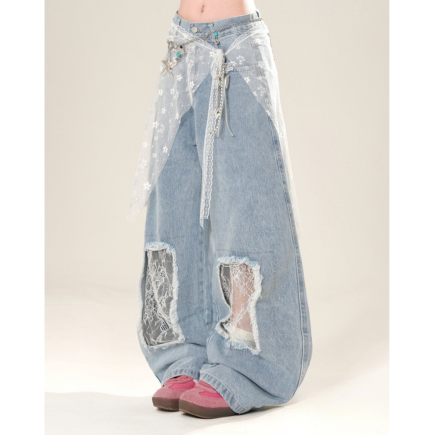 Lace Ripped Wide Leg Jeans KK2030