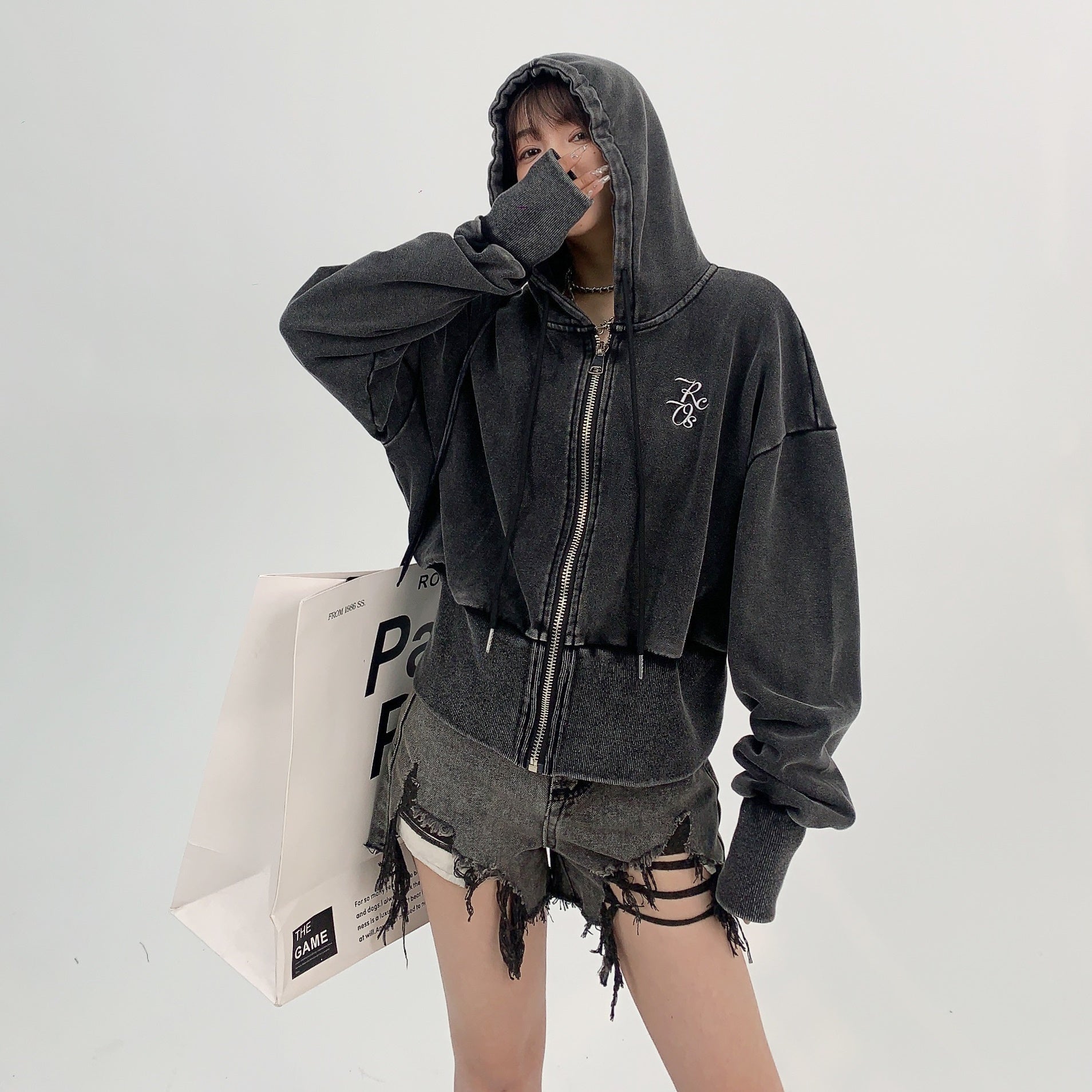 embroidery washed hooded zip-up short sweat MW9022