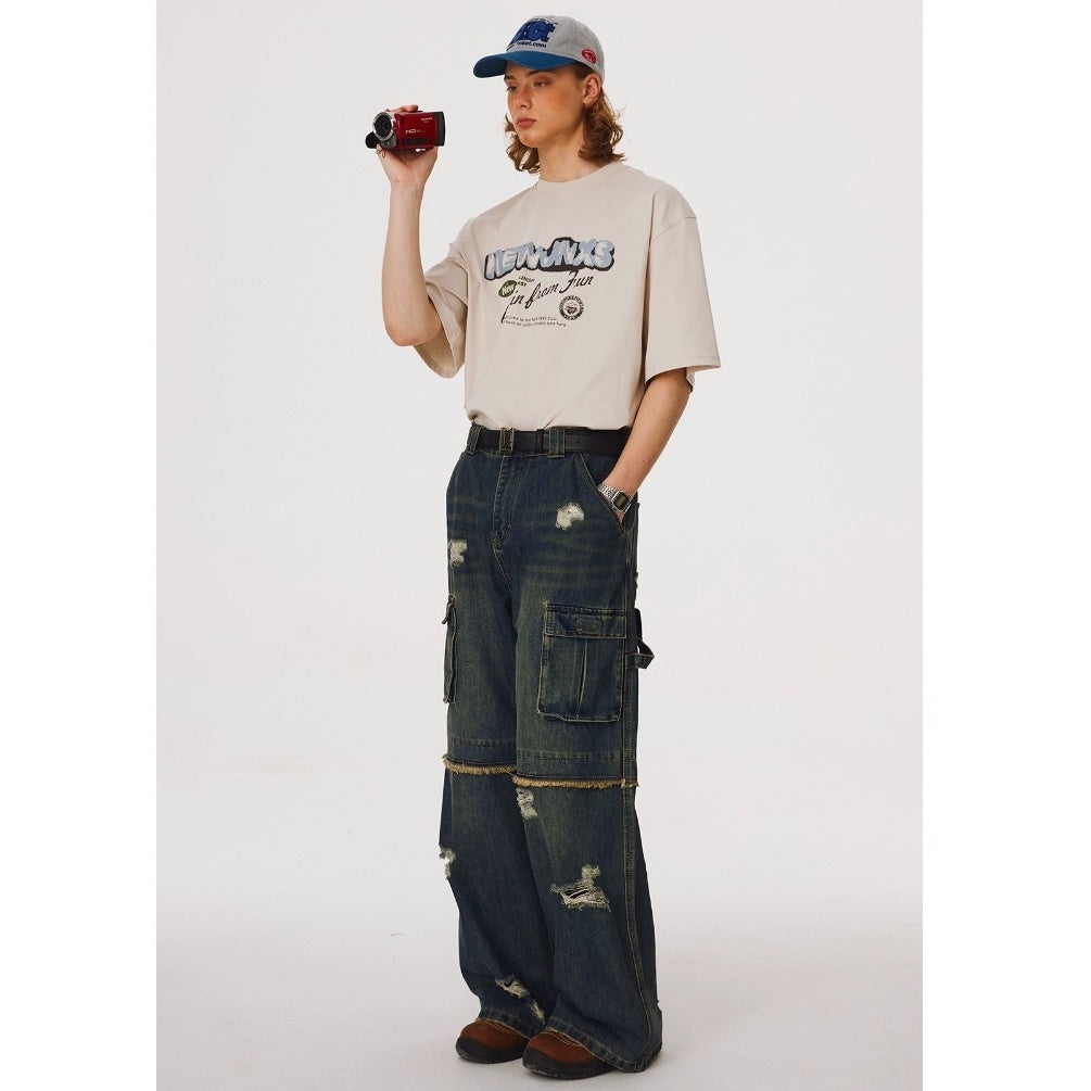 Washed Ripped Stitch Multi-Pocket Loose Painter Jeans NJ1004