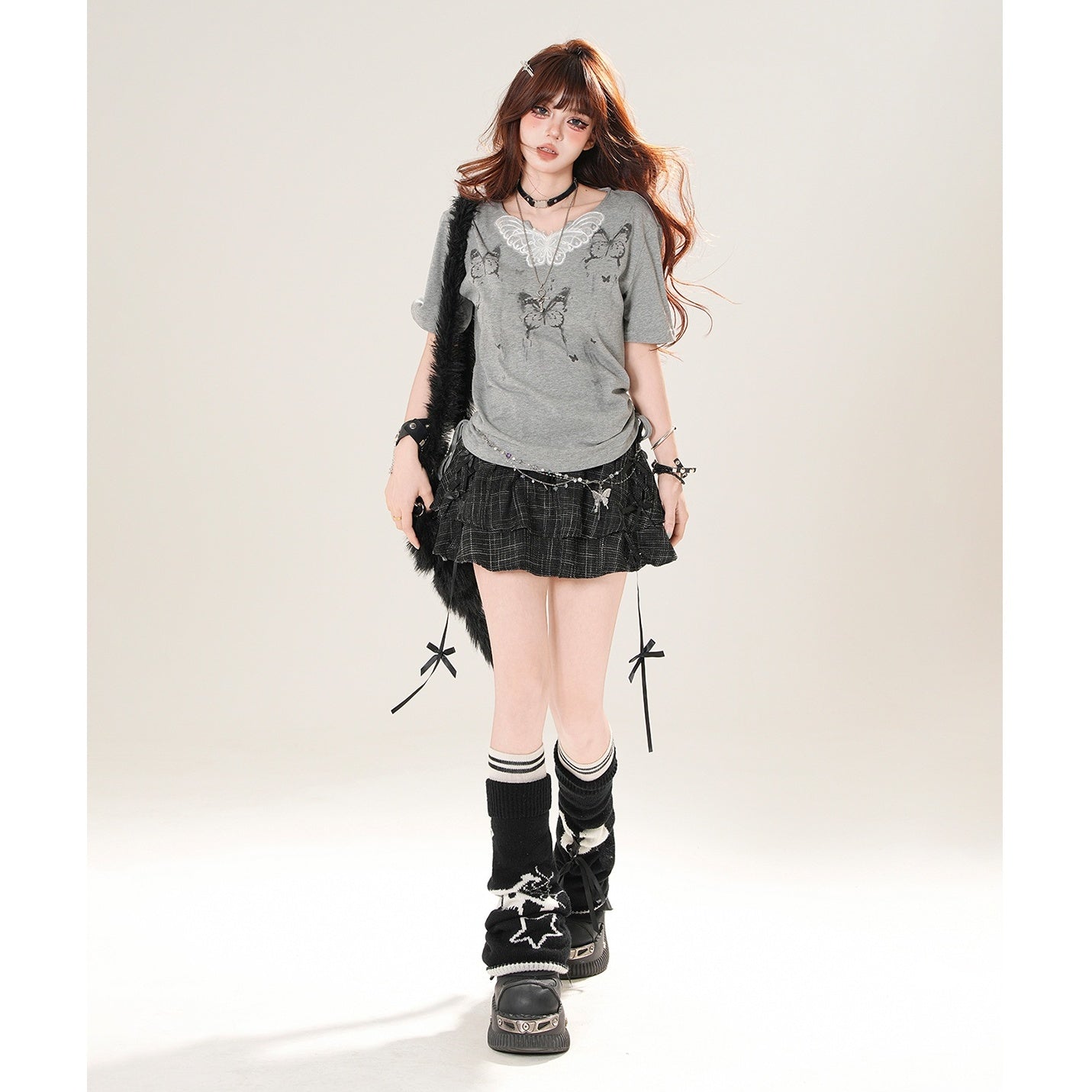 Butterfly Lace Side Gather T-shirt KK2047