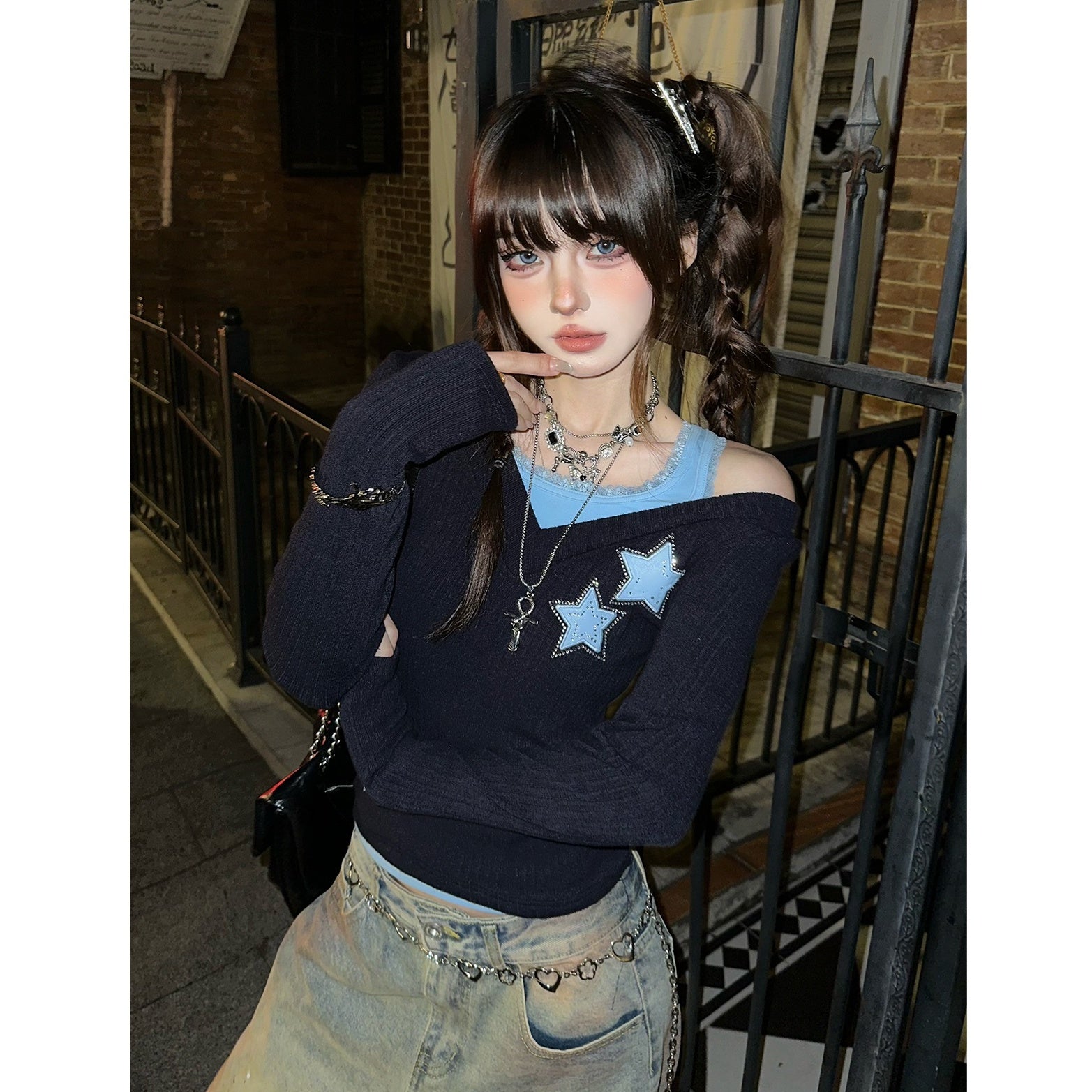 Fake Two Knitted Off-shoulder Cutsew KK2051
