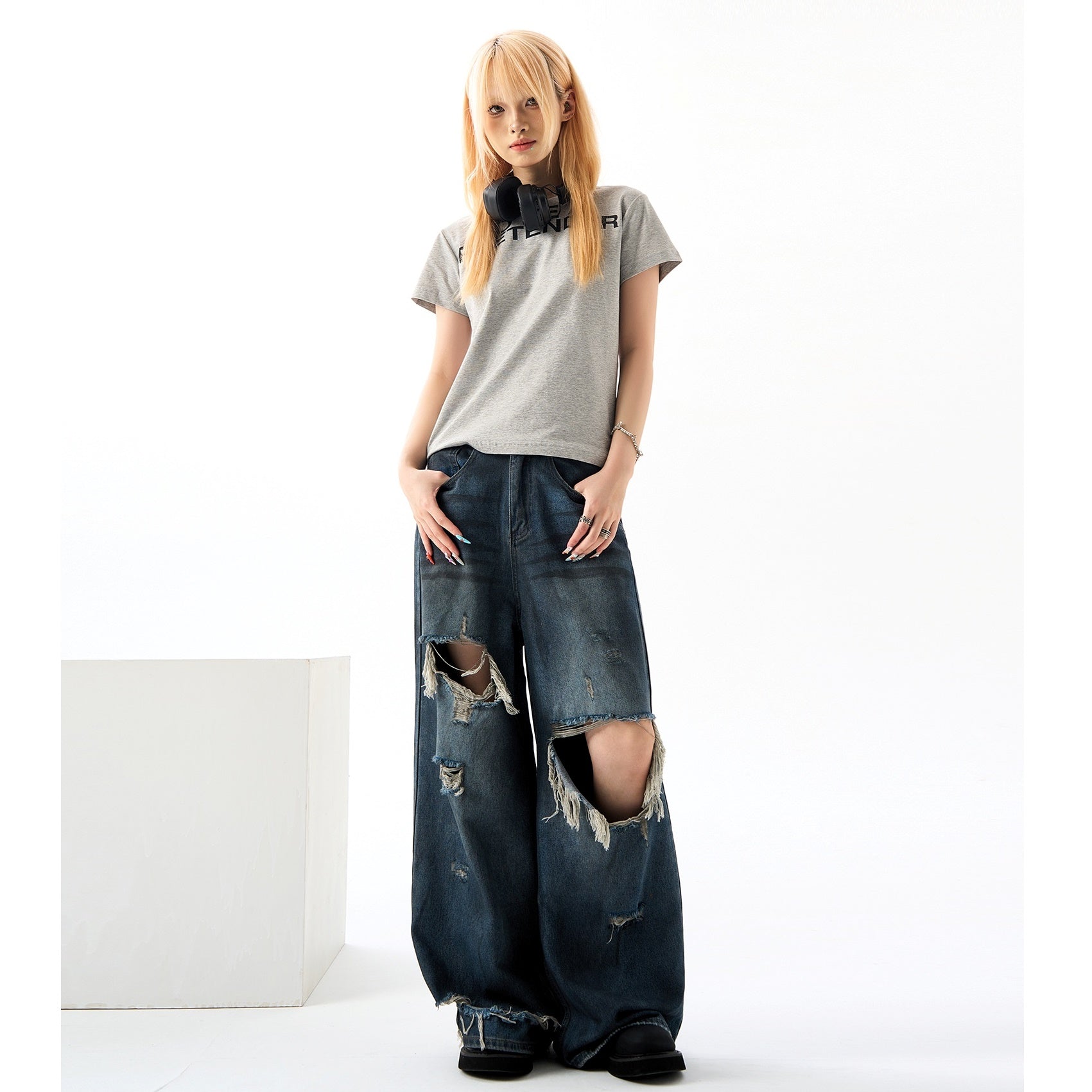 Ripped Street Loose Mop Wide-leg Vintage Jeans HG7171