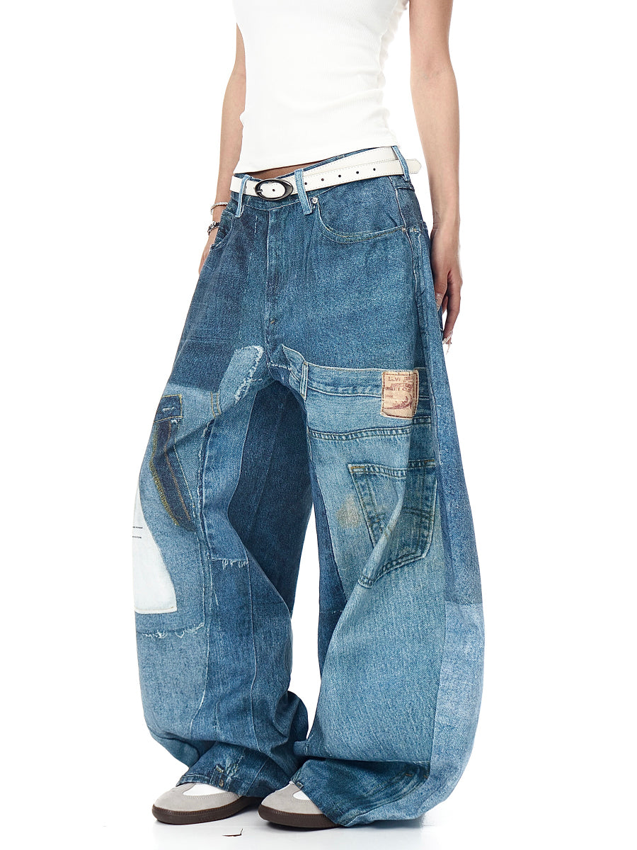 Patchwork Style Wide-leg Jeans KK2028