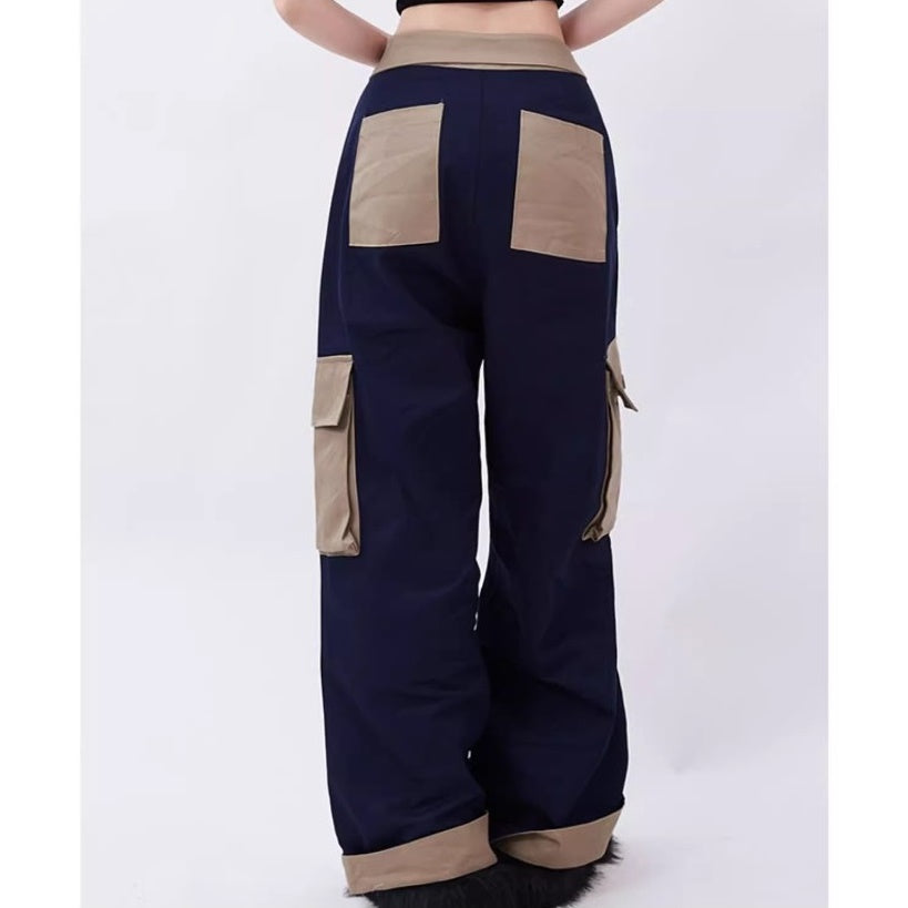 Flap Large Pocket Color-block Design Loose Straight Pants RH030