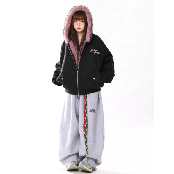 Letter Embroidery Carving Fur Collar Hooded Jacket MW10294