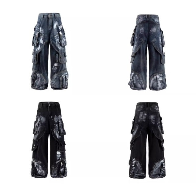 Dirty Worn Zipper Splicing Cargo Jeans BK7043