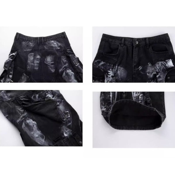 Dirty Worn Zipper Splicing Cargo Jeans BK7043