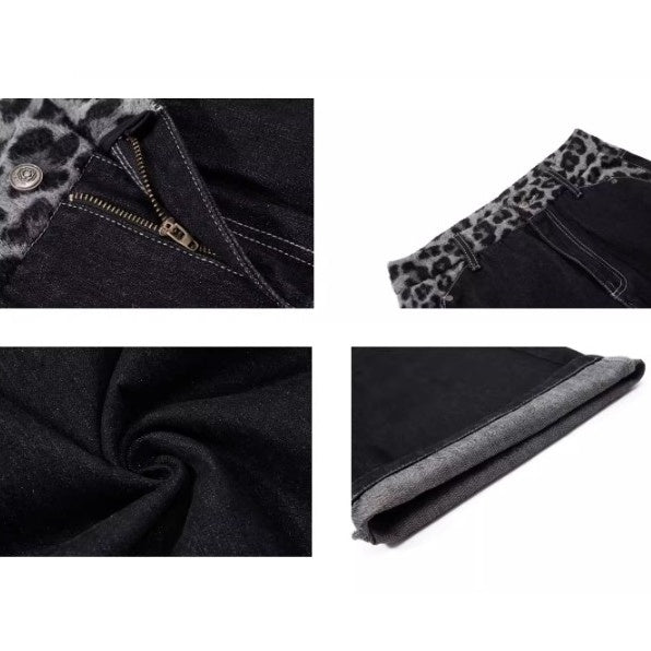 Plush Leopard Print Stitching Scimitar Jeans BK7045