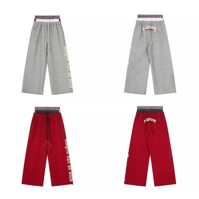 Triple-waist Patchwork Letter Drawstring Sweat Pants BK7063