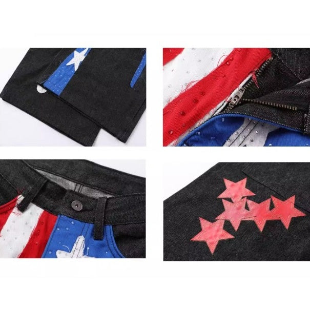 Fflag Patch Rhinestone Wide Curve Jeans BK7066