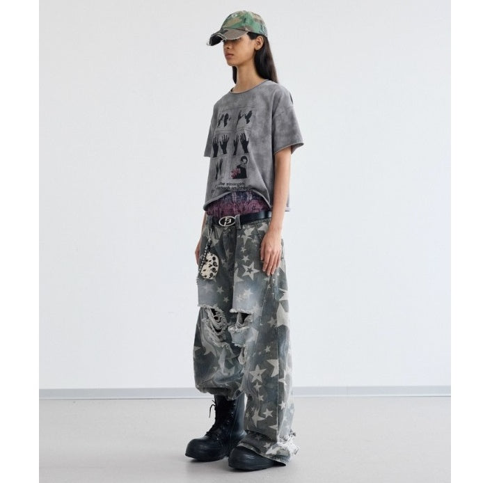 Vintage Cropped Print Washed T-shirt PS7014