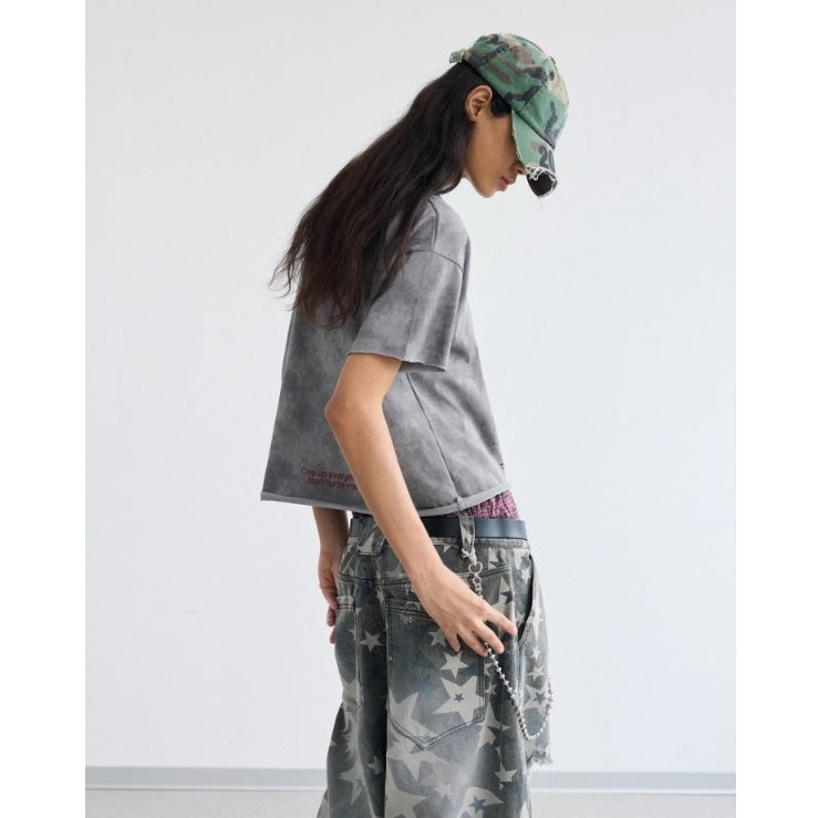 Vintage Cropped Print Washed T-shirt PS7014