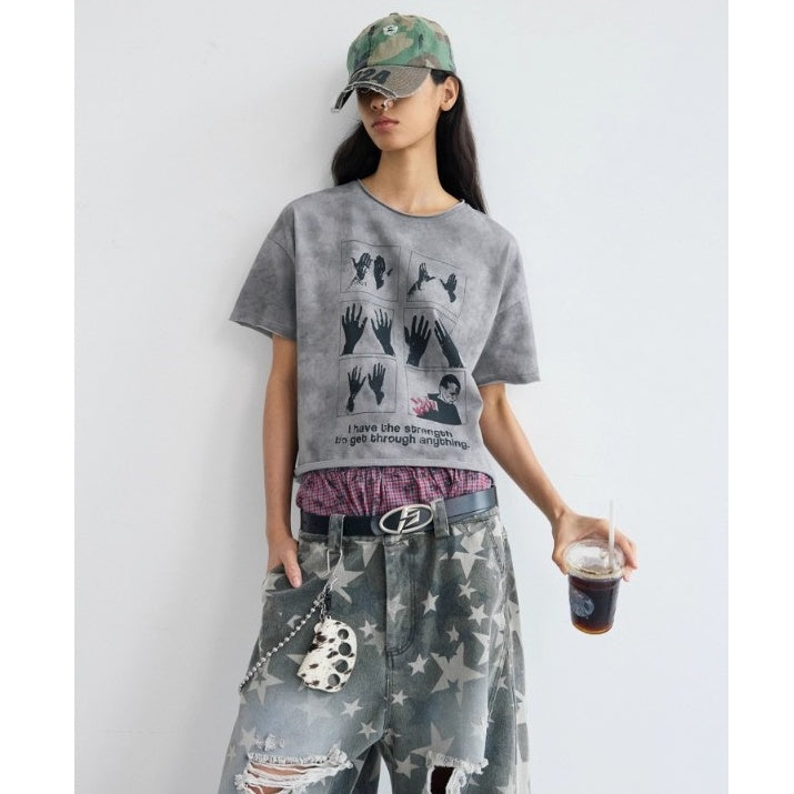Vintage Cropped Print Washed T-shirt PS7014
