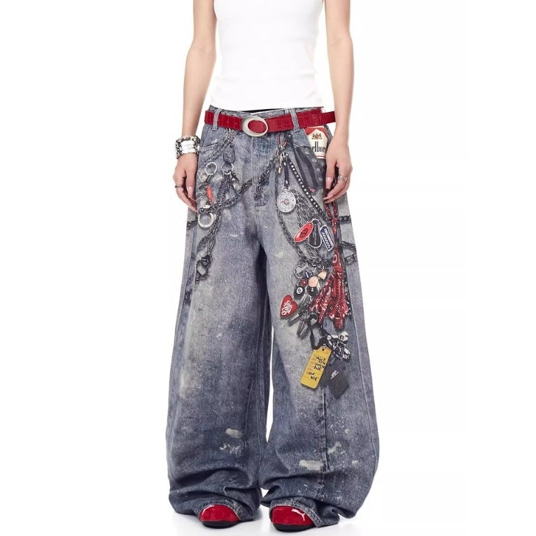 3D Chain Print Wide-leg Jeans MW10194