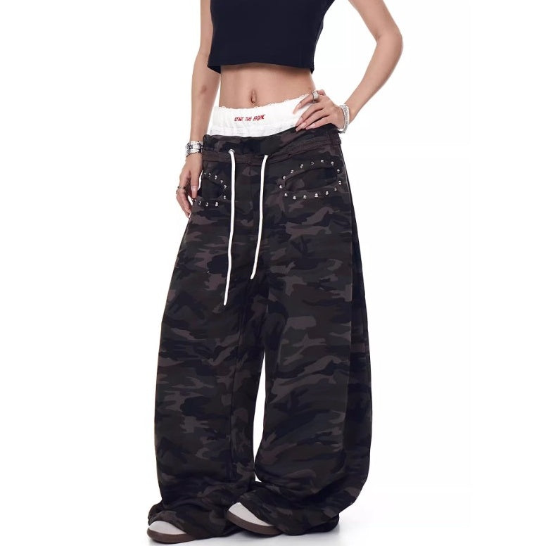 Lace Stitching Double Waist Camouflage Pants MW10203